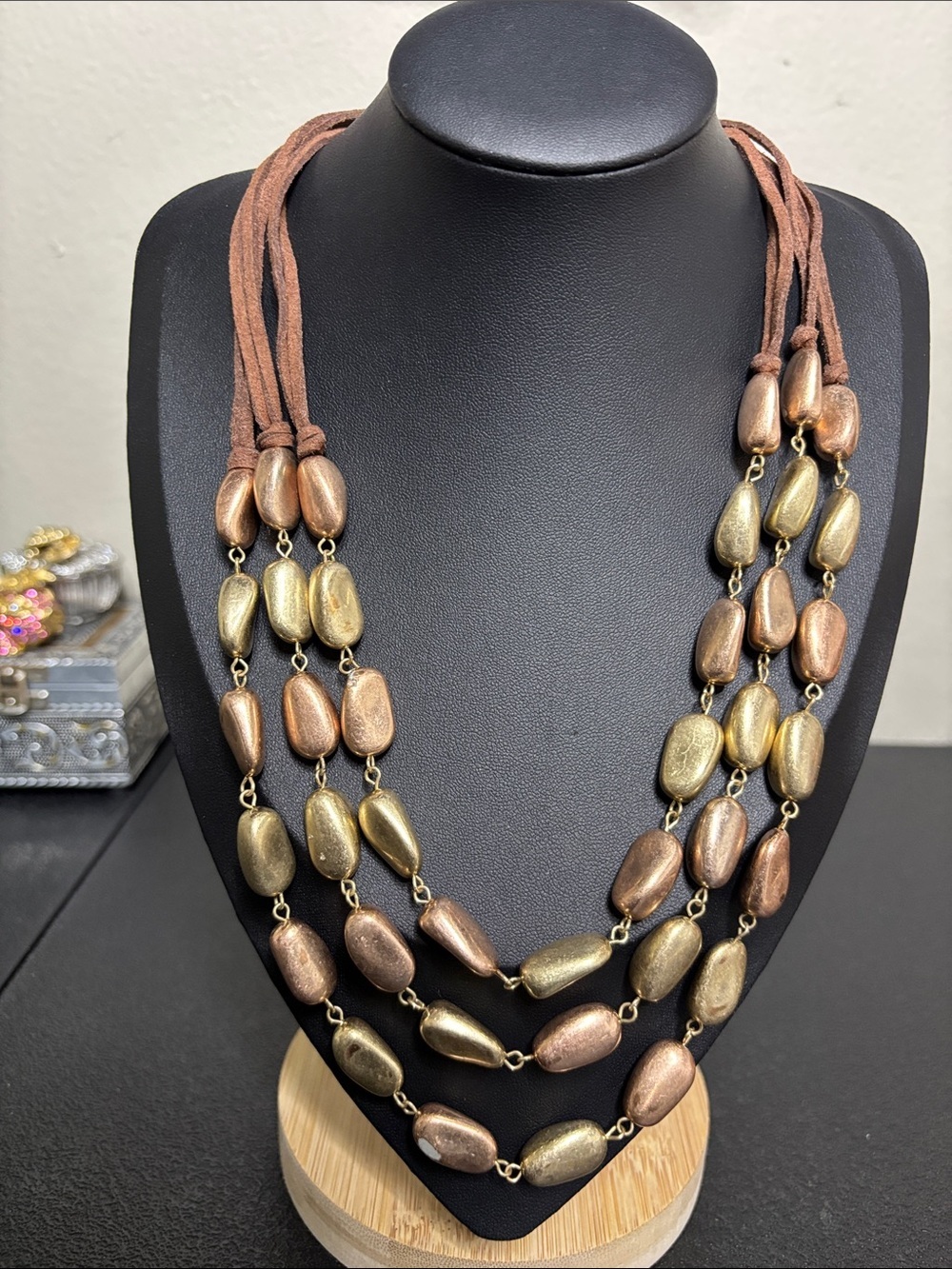 Triple-Strand Brown Leather Copper Gold Nugget Bead Necklace